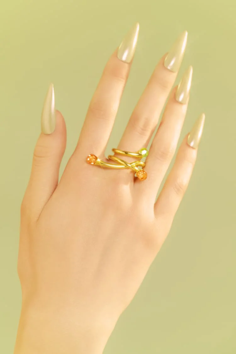 Gold Asymmetric Ring with Opal and Topaz Crystals